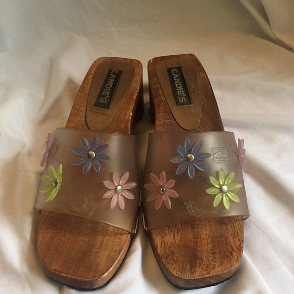 Candies Jelly Clog Clear Wooden Slide Sandal VTG Floral Chunky Womens Size 6 - Picture 7 of 8